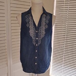 Vintage America Blue Button Down Shirt with White Embroidery